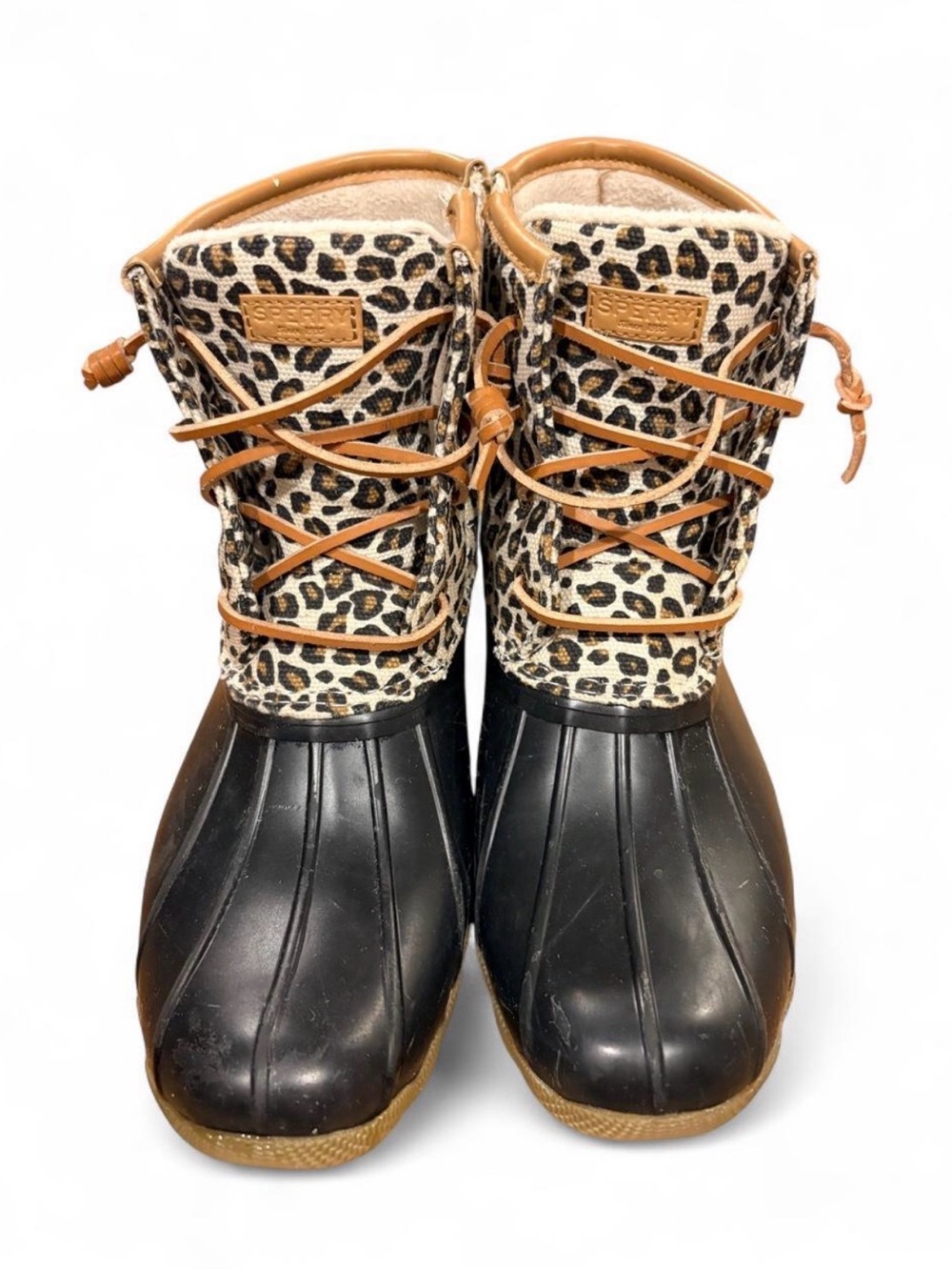 Sperry Leopard Print Winter Duck Boots with Black Rubber Lower Size 5